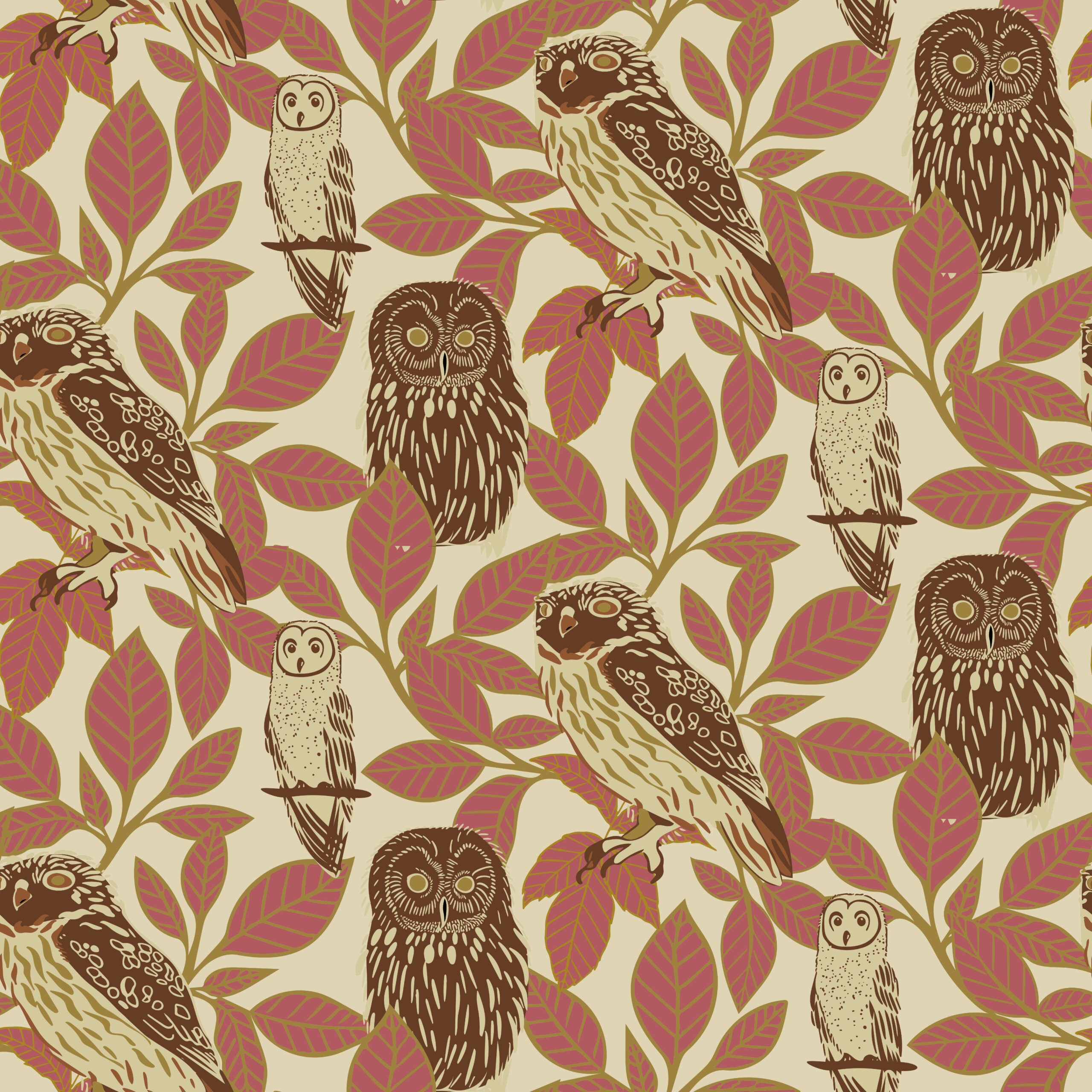 Treetop owls in branches with red leaves.