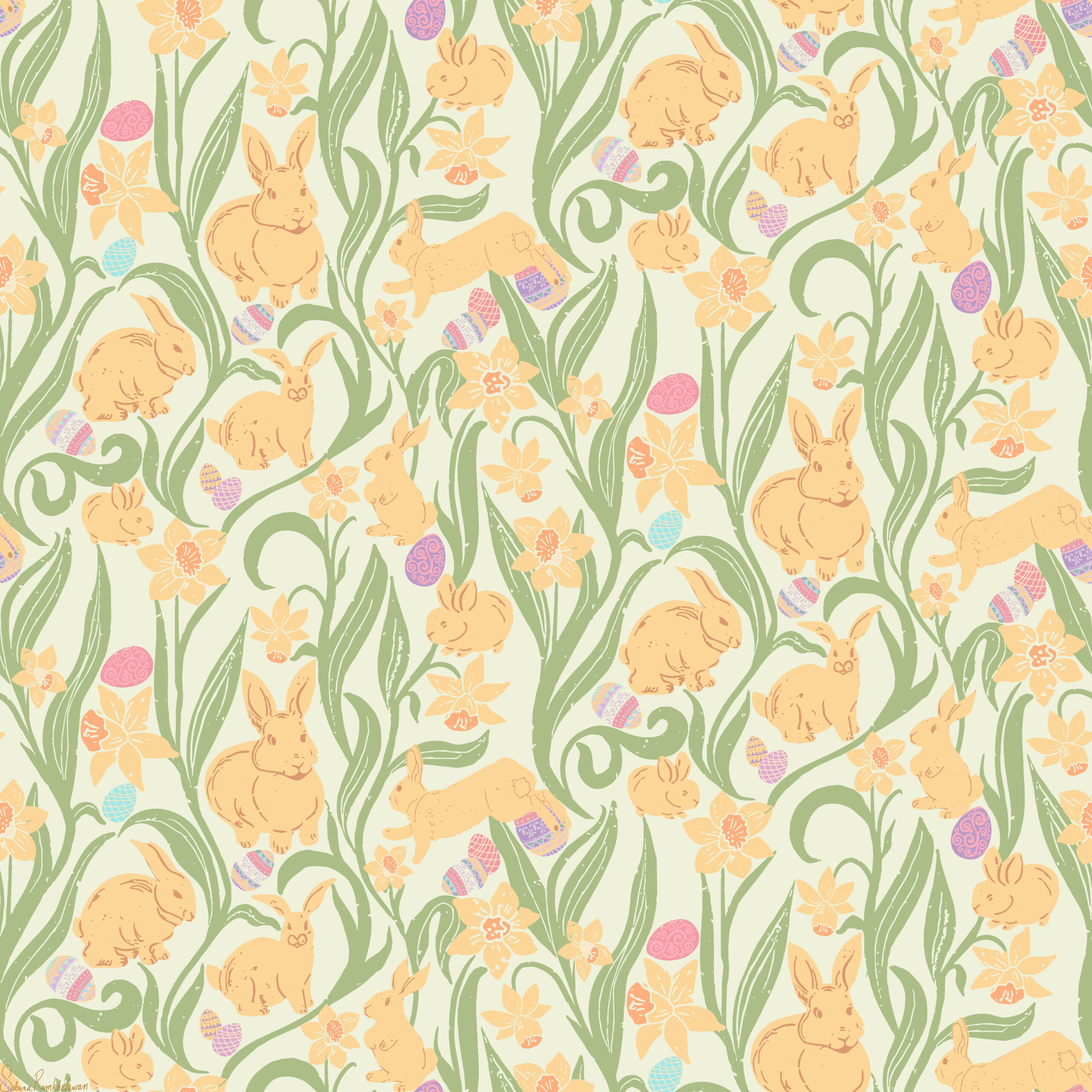 Easter pattern with cute bunnies in a meadow of daffodils and easter eggs