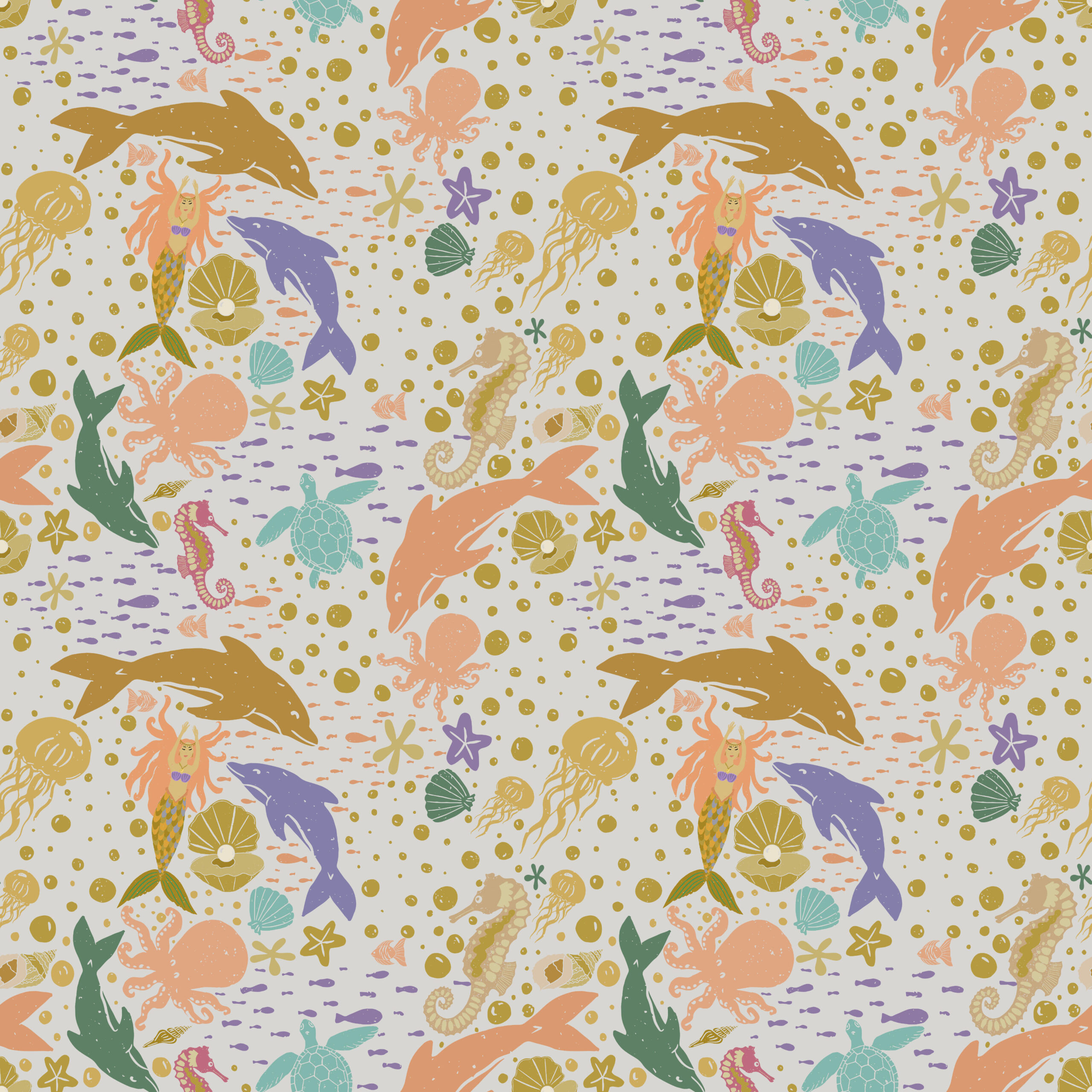 Repeating Pattern showing various ocean life and fantasy creatures like mermaids, dolphins, sea turtles, clams with pearls, octupus, sea of fish and sea shells.