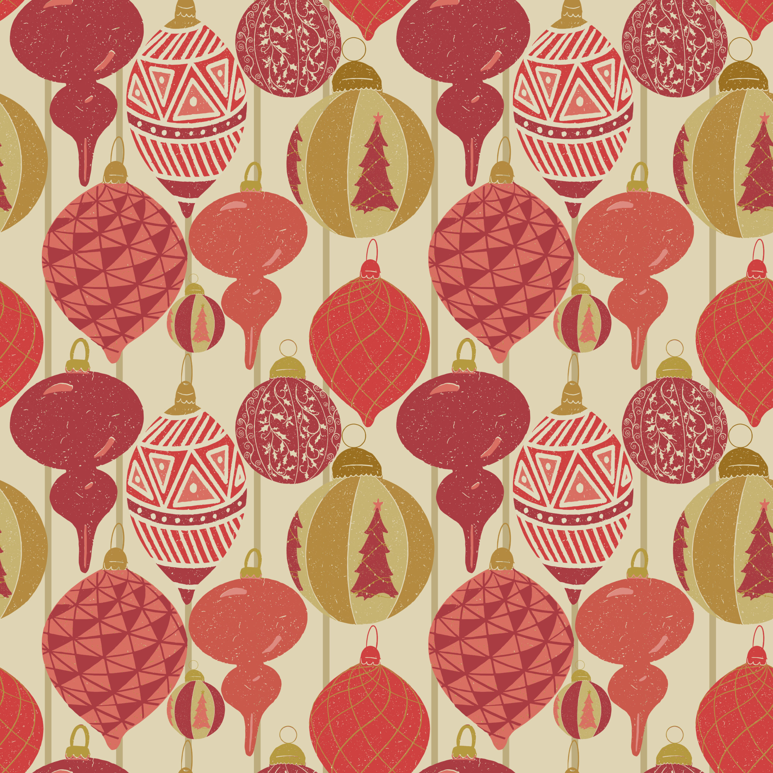 Repeating pattern of hanging decorative Christmas ornaments in red and gold.