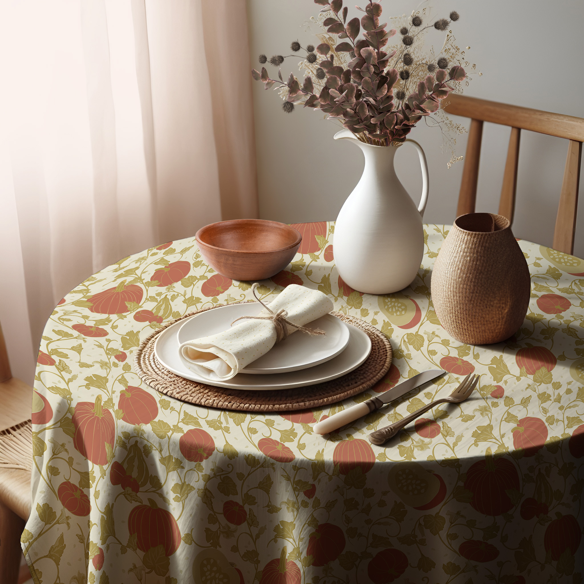 Intricate pumpkin vine pattern with white pumpkin gourds and gold vines and pumpkin leaves.